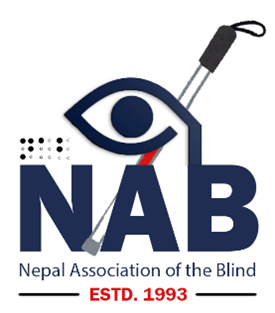 Logo of Nepal Association of the Bind (NAB). Small description: The design features a stylized navy blue eye symbol above the bold letters 'NAB' in the same color. A white cane, a mobility tool used by visually impaired people, is integrated diagonally through the design with a black handle and silver shaft. Above the letters, small black dots spell "NAB" in Braille, highlighting accessibility. The full name of the organization is written below in navy blue, with "ESTD. 1993" in red text at the bottom underlined with parallel lines.